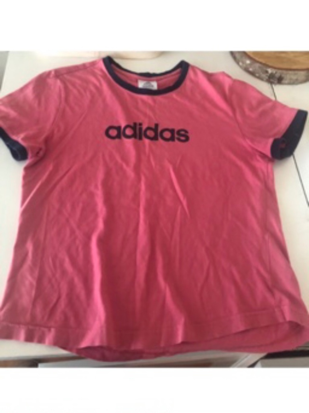 Adidas XL pink tshirt woman’s navy blue trim cotton